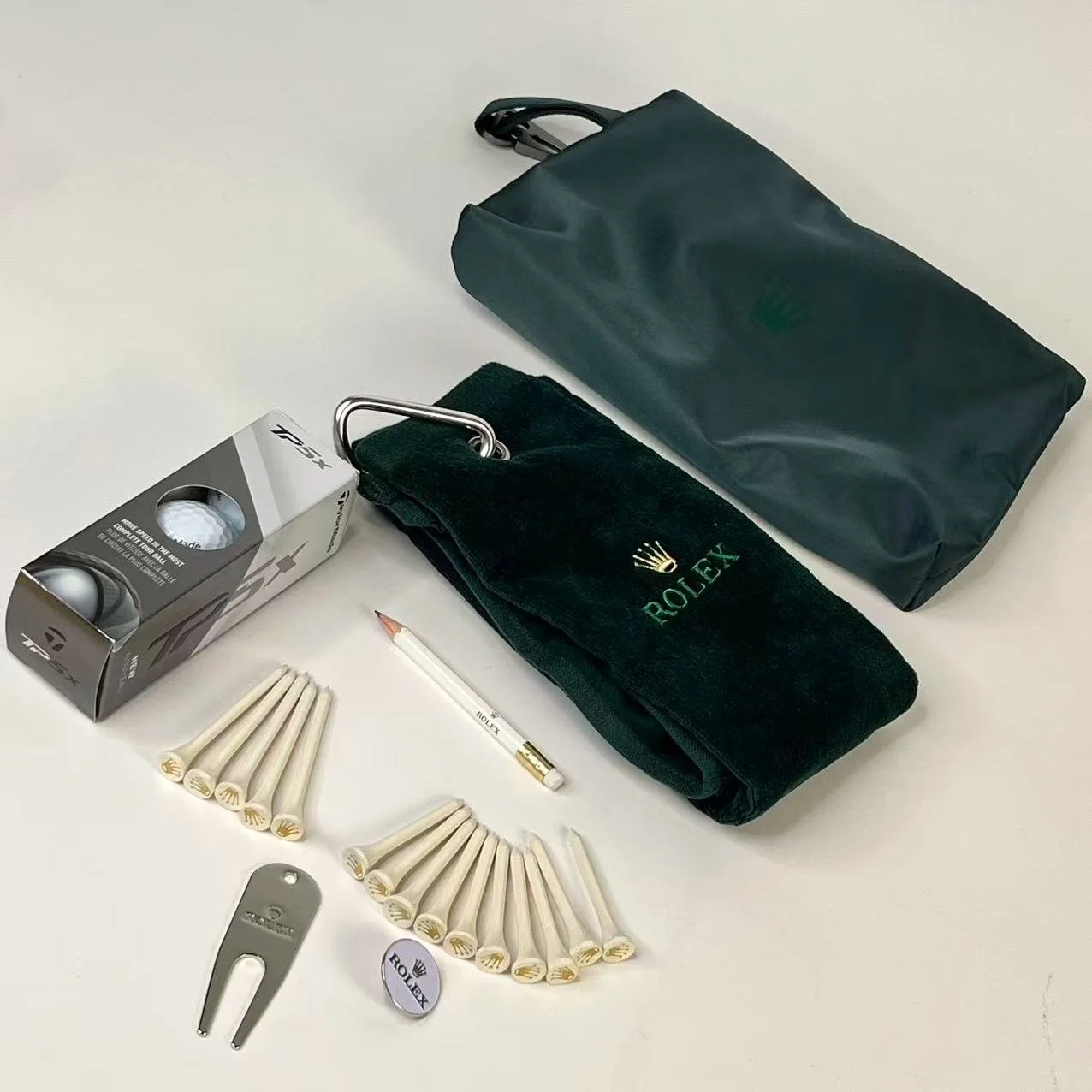 Rolex Golf Accessory Set – Tee Kit, Towel, Marker, Divot Tool & Pouch
